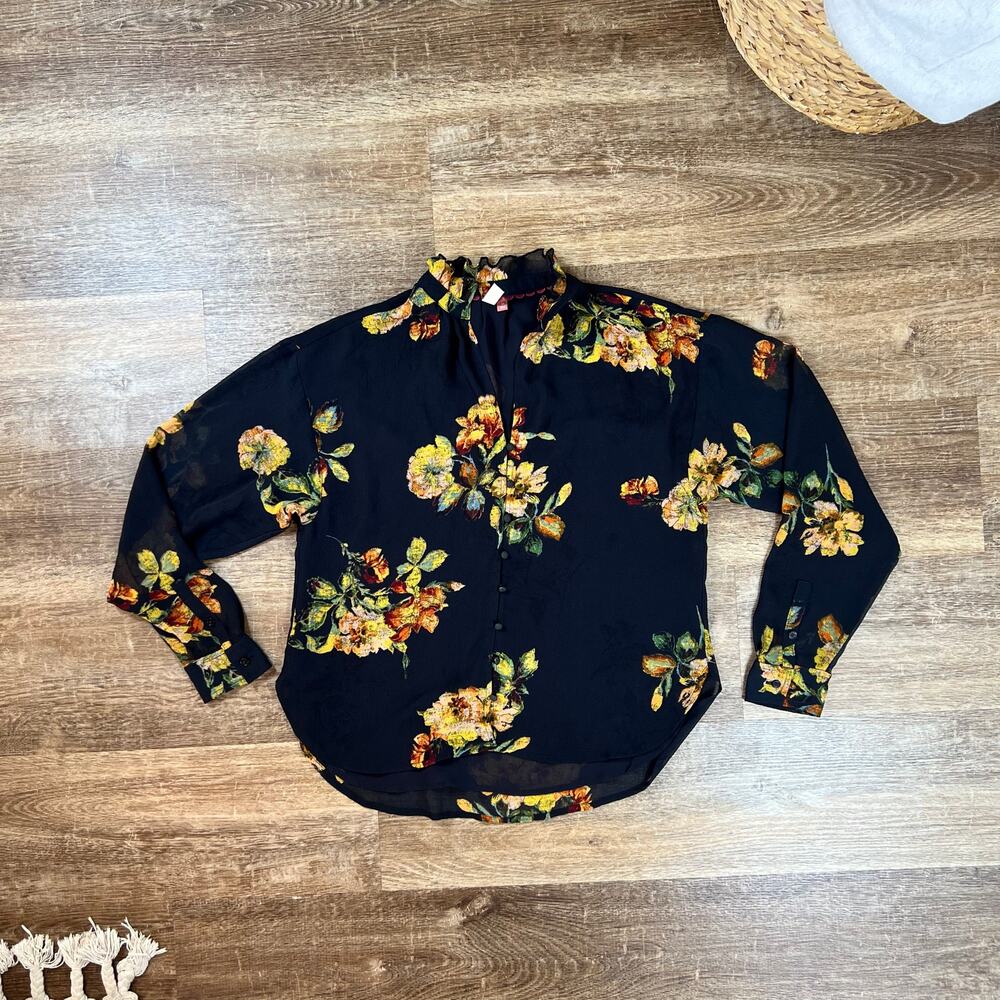 Pilcro Anthropologie Tavi Buttondown Blouse Floral Black Date Night Nice Sheer - Picture 3 of 6